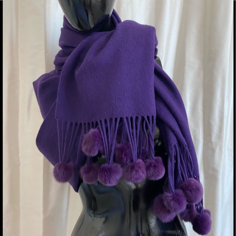 Soft wool scarf with Fur Pom Fringe. Purple !